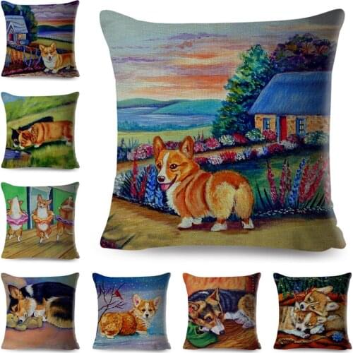 Oil Painting Cartoon Pet Dog Cushion Cover Decor Welsh Corgi Pembroke Pillowcase Polyester Pillow Case for Sofa Children Room
