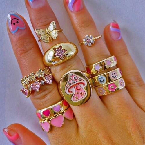 Cute Mushroom Enamel Ring Y2K for Women Dripping Oil Color Contrast Opening Heart Ring Couple Jewelry 2021 New Korean Fashion