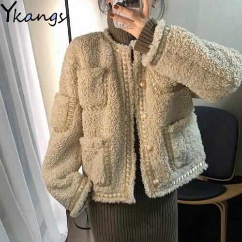 Lamb Plush Short Cardigan Vintage Jacket Women Loose Elegant Single Breast Coat Multi-pocket Baggy Street Y2k Winter Outerwear
