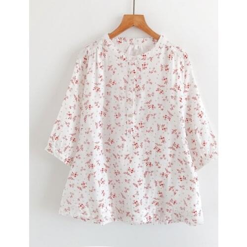 Summer Japanese Cotton Yarn Blouse Retro Sense Red Small Floral Print Temperament Stand-Up Collar Shirt Female Middle Sleeves