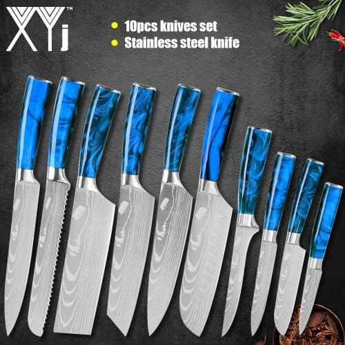 XYj Stainless Steel Knives Set 3CR13 Cooking Kitchen Damascus Pattern Blade 8'' Chef Bread Slicing 7'' Chopping Santoku Knife