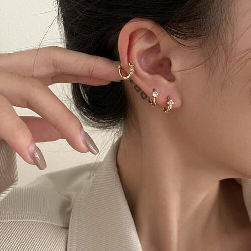 New Fashion Cute Small Studs Earrings For Women Girl Crystal Zircon Geometry Earrings Gold Color Tiny Flower Cross Ear Bone nail