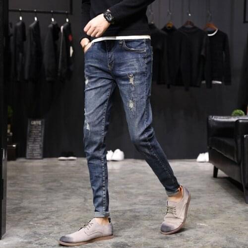 New Casual European American Style Jeans Luxury Denim Trousers Slim Straight Deep Blue Slim Fit Straight High Stretch Feet Skin