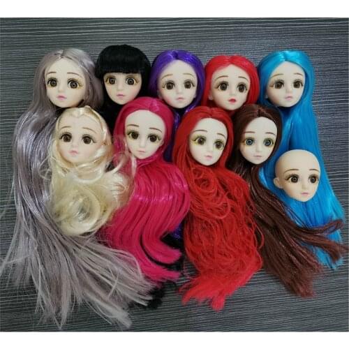 Suitable for 25/30 cm Body BJD Doll Head 3D Eyes Purple Gray Red Medium Long Wig Doll Head Fashion DIY Dress Up Girl Toy Gift