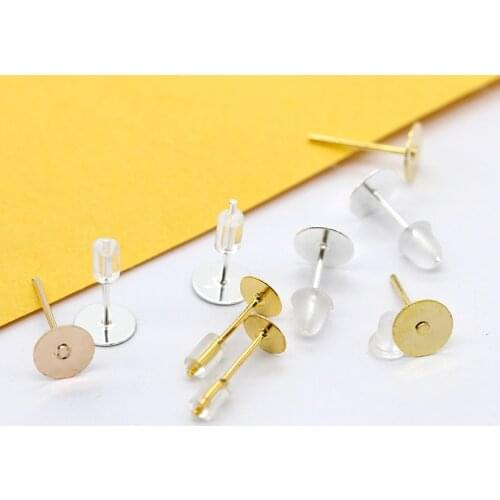 100p Blank Earring Studs Post Flat Round Tray base For 4/5/6/8/10mm Cabochon Cameo Ear DIY Jewelry making Findings supplies