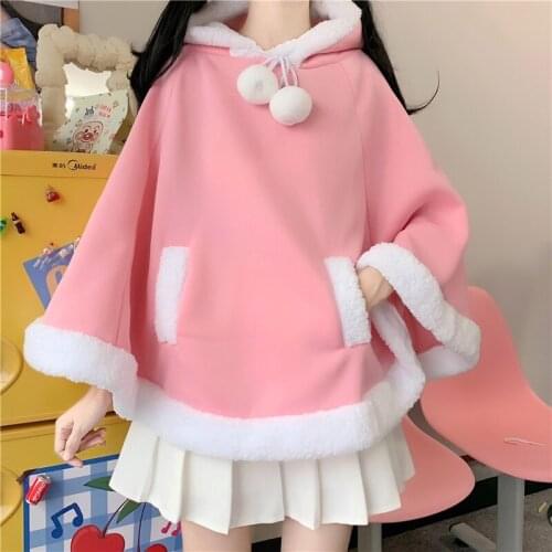 Lolita Wool Cloak Girls Kawaii Pullover Women Winter Warm Cute Pink Black Plus Fleece Bat Cape Coat Christmas Hooded Outerwear