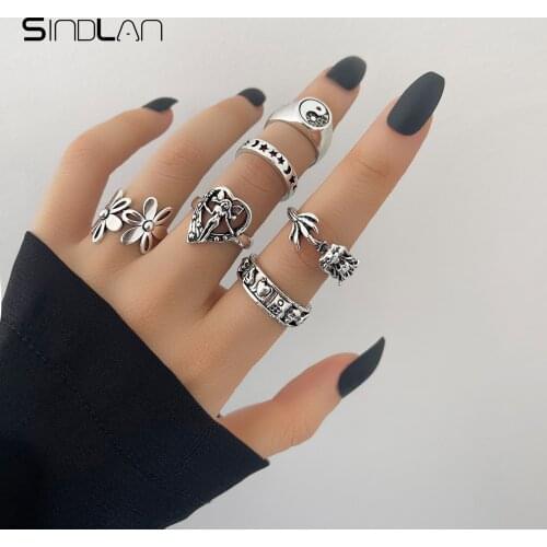 Sindlan 6Pcs Punk Tai Chi Silver Color Fairy Rings for Women Vintage Flower Heart Stranger Things Set Couple EMO Fashion Jewelry