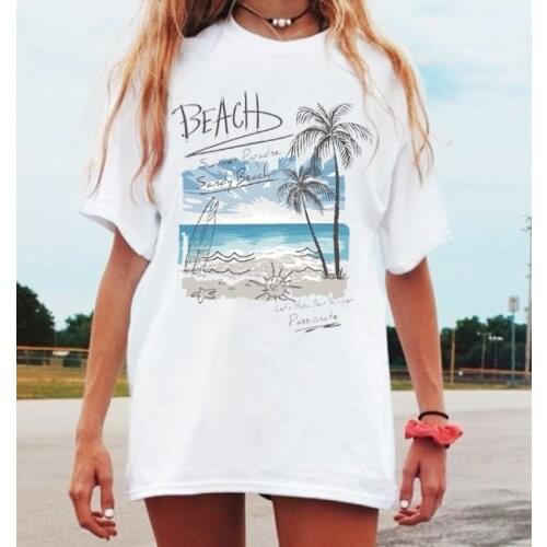 Sunfiz YF 2021 NEW Summer Tropical Beach Print Women White T-shirt Aloha Short Sleeve O Neck Casual Loose Top Female T-shirt Top