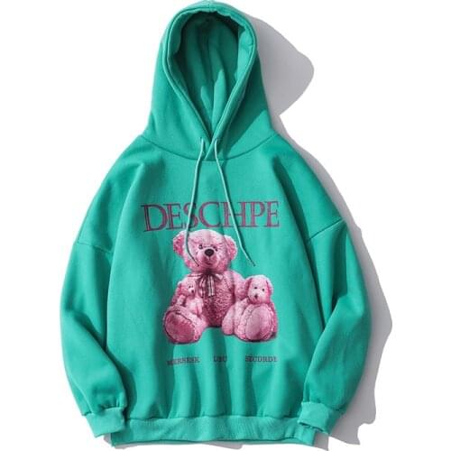 2021 New Green Bear Print Hoodie Sweatshirts Man Plus Velvet Oversized Fashion Pullovers Spring Autumn Loose Casual Sweatshirts