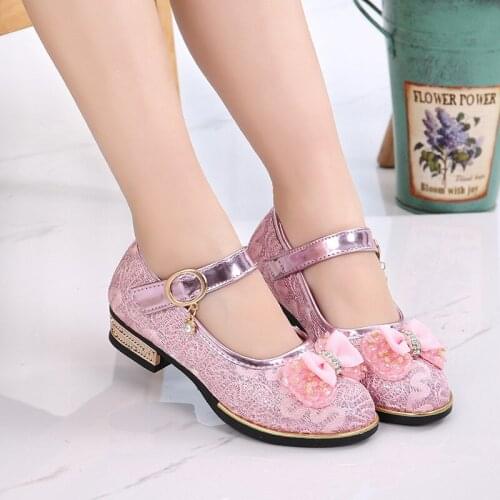 New Fashion Princess Shoes For Kids Girls Bow Flower Dress Shoes Lovely Pu Leather Wedding Childrens Shoes Pink Gold A855