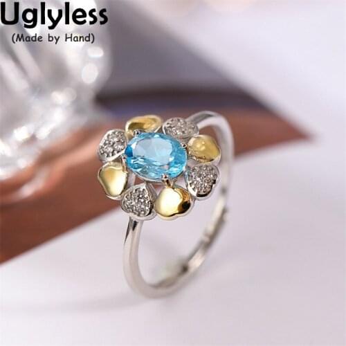 Uglyless London Blue Faceted Topaz Rings for Women Real 925 Glossy Silver Flower Rings Shinning Zircons Crystals Fashion Jewelry