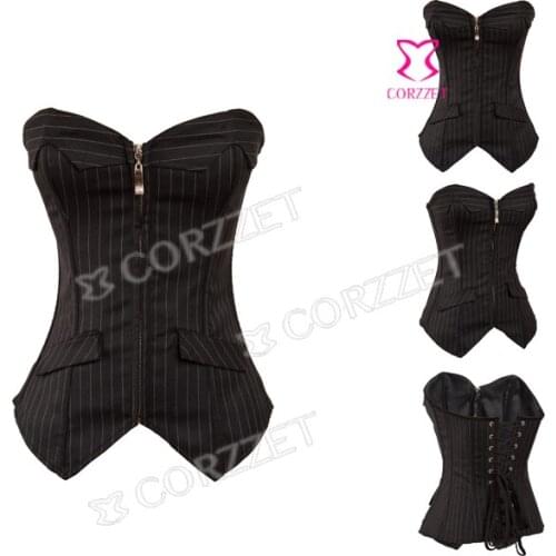 Office Lady Clothing Striped Pattern Black Cotton Zipper Front Overbust Push Up Corset Top Women Sexy Corpetes Espartilhos S-XXL