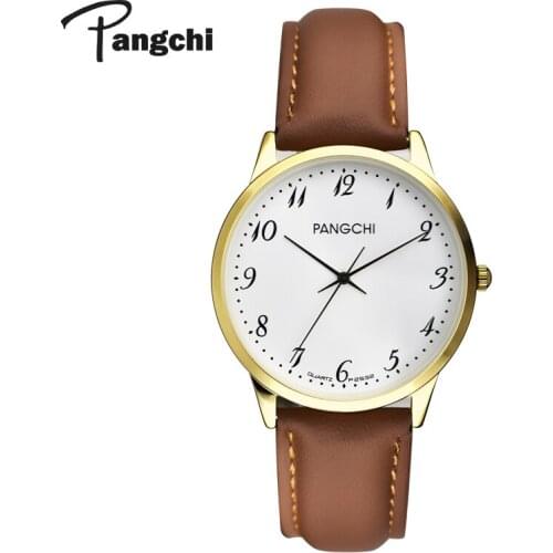 PANGCHI Classic Brown Leather Couple Watches Woman Casual Digital Big Dial Quartz Wristwatches Woman Dress Watches Reloj Mujer