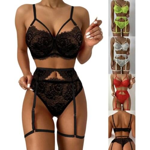 Womens 3 Piece Babydoll Lingerie Set Sexy Floral Lace Bra High Waist Garter Belt Panty Set