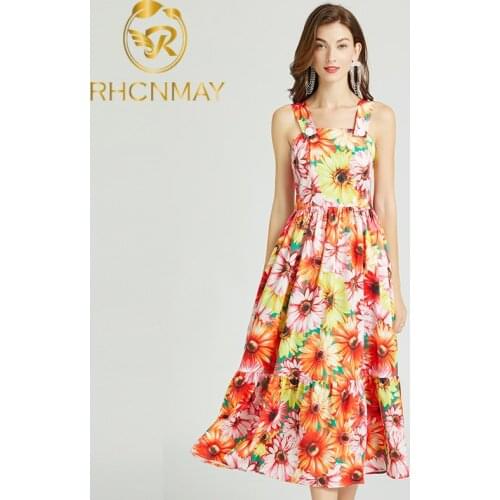 New Women Summer Spaghetti Strap Dress 2021 Runway Fashion Red Sunflower Print Button Long Party Beach Dress
