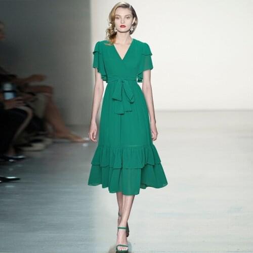 Runway New Summer Green V-neck Short Sleeve Ruffle Dress 210711LI01