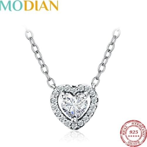 Modian Real 925 Sterling Silver Clear CZ Heart Pendant Necklace for Women Chain Fashion Wedding Statement Jewelry Accessories