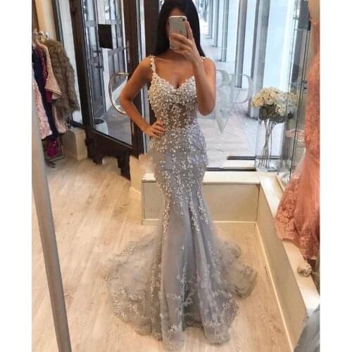 Chic Evening Dress Grey Elegant Long Mermaid Evening Dresses Custom Made Robe de soiree Abendkleider Bead Evening Gown Applique