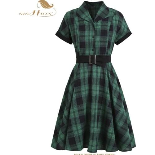 SISHION 2021 NewSummer Dress Jurken Short Sleeve Green Plaid Dress SP1308 Summer Swing Rockabilly 50s Vintage Dress with Belt