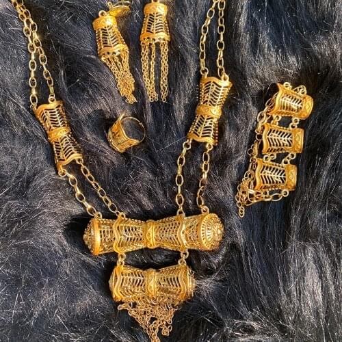 Gold earrings ring set Ethiopian jewelry sets for Women Dubai Arab Necklace Bracelet African bridal wedding Gift collares