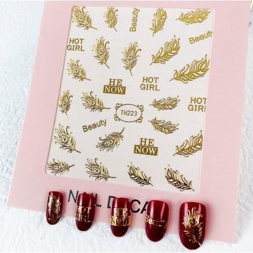 1sheet 3D Bronzing Stickers Nails Flame Feather Gold Nail Art Small Adhesive Decals Decoration for Press On Nails Phototherapy