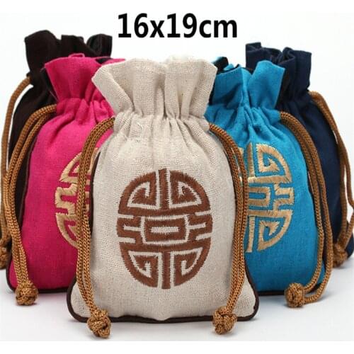16x19cm 10pcs Embroidery Lucky Large Drawstring Christmas Gift Bags Chinese style Cotton Linen Pouches Wedding Party Favor