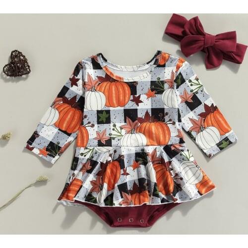 Halloween Newborn Baby Girls Autumn Romper Dress Headband 2Pcs 0-24M Pumpkin Printed Long Sleeve Ruffles Jumpsuits