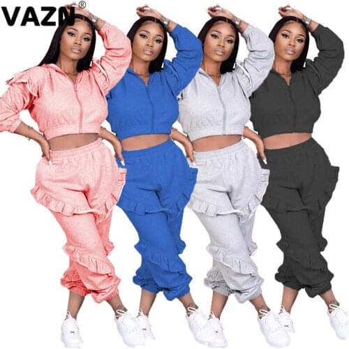 VAZN 2020 Zipper Hooded Gym Fitness Sport Sexy Festival Clothing High Street Set Holiday Women Young Energetic Set