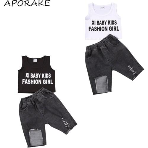 2021 3-15Y Summer Kids Baby Girl Clothing Fashion New Letter Print Crop Top Black/White Vest+Holes Denim Short Pants 2pcs Set