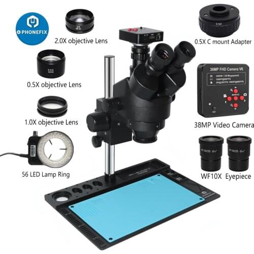 3.5X-90X Simul-Focal Trinocular Stereo Microscope with Black Aluminum Alloy Pad VGA/38MP USB Microscopio Camera for PCB Repair