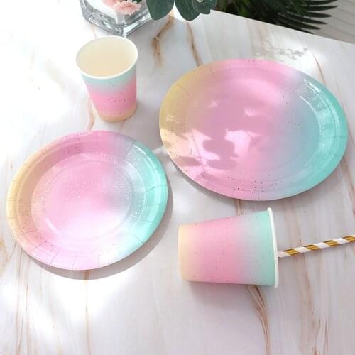 30pcs/lot Bronzing rainbow gold dot paper plate cup for wedding party tableware disposable birthday paper cake plate supplies