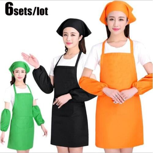 6sets/lot Cute Candy-colored Three-Person Kitchen WAISTS 12 Colors Adult Apron Sleeves and Chefs Scarf