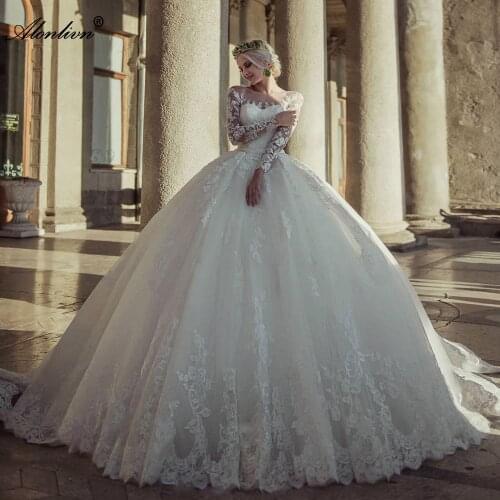 Alonlivn Ball Gown Wedding Dresses Beading Appliques Lace Full Sleeves Back With Button Long Train Bridal Gowns Costomize Made