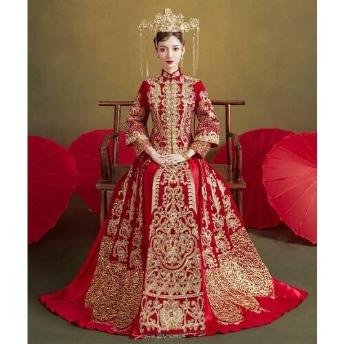 Satin Red Golden Embroidery Modern Traditional Classic Oriental Wedding Dress Cheongsam China Qipao костюм для восточных