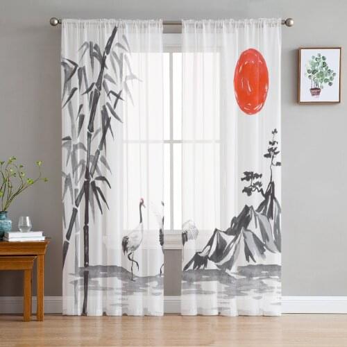 Chinese Style Painting Crane Bamboo Sheer Curtains for Living Room Tulle Curtain for Bedroom Kitchen Window Voile Curtains