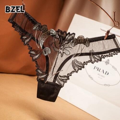 BZEL Sexy Womens Transparent Lace Panties Hollow Out Embroidery Thongs Low Waist Temptation Female Comfort Breathable G-String