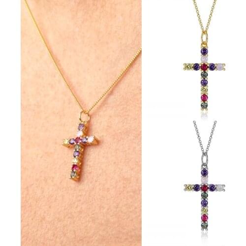925 Sterling Silver Chain Cross Pendant Necklace Colorful Crystal Jesus Cross Heart Chain Necklace Jewelry Wholesale