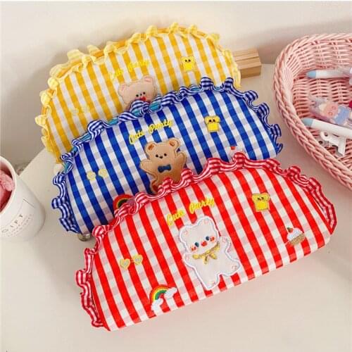 Girly Heart Embroidered Bear Pen Case Cute Korean Large Capacity Student Pencil Box Fungus Lattice Cute Bag Pink School Supplies