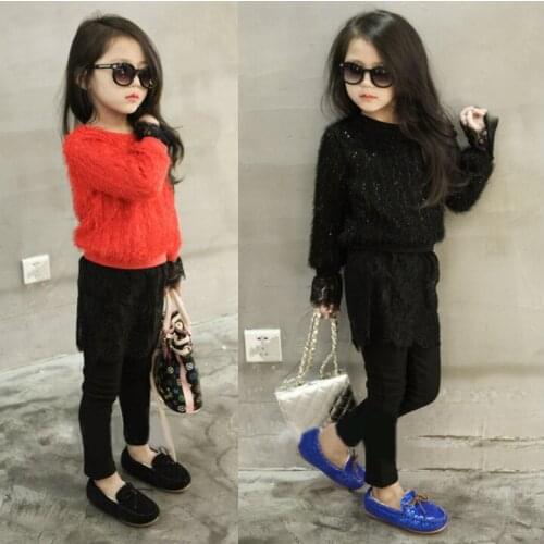 Children girl fashion sweater dress 2017 girls winter cashmere lace stitching princess sweaters clothing