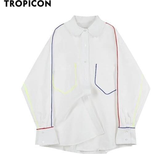 TROPICON Designer Oversized Button Up Shirt Long Sleeve White Iridescent Strip Collared Loose Shirt Women Tops And Blouses 2021