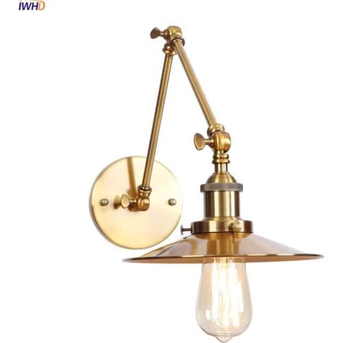 IWHD Gold Long Arm Vintage Wall Lamp Bedroom Mirror Stair Light Loft Decor Industrial Wall Sconce Edison Applique Murale LED