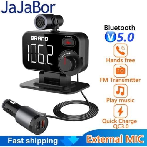 JaJaBor FM Transmitter Bluetooth 5.0 Car Kit Handsfree MP3 Player 5V 2.4A QC3.0 USB Car Charger with External Microphone