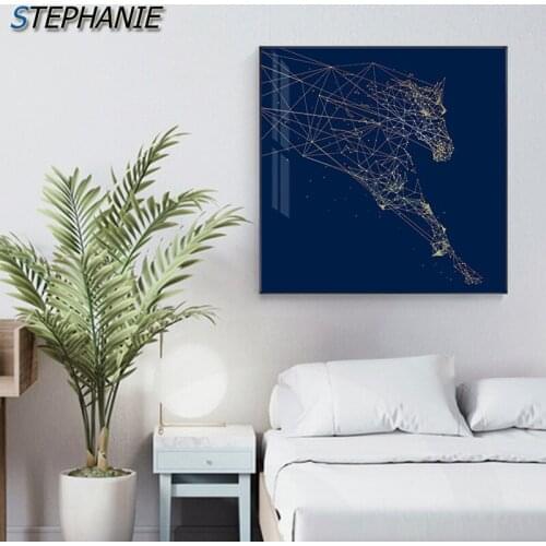 Modern Constellation Horse Canvas Art Abstract Horse Poster and Print Navy Blue Wall Art Pictures for Living Room Fashion Decor