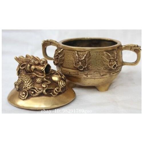 Chinese Brass Dragons Head Statue Incense Burner Censer
