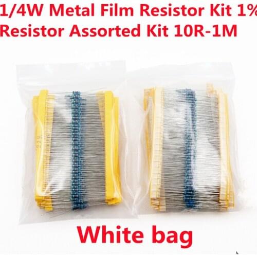 300pcs 1/4W Resistance 1% Metal Film Resistor Pack Assorted 10R-1M 220R 22R 47R 470R 1K 2K 4.7K 5.1K 10K 68K 100K 300K 470K Kit
