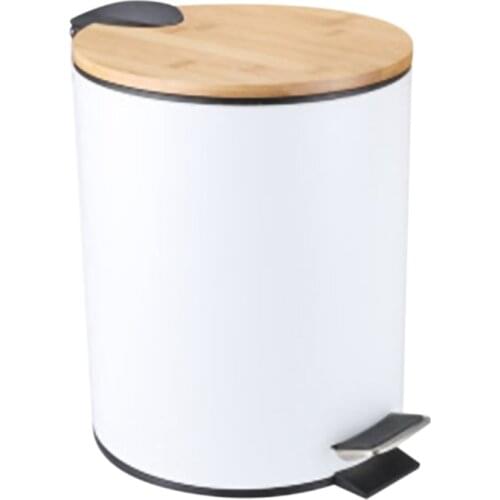 Stainless Steel Trash Can with Bamboo Lid 3L Step-on Garbage Container Trash Bin for Kitchen Bathroom Bedroom White