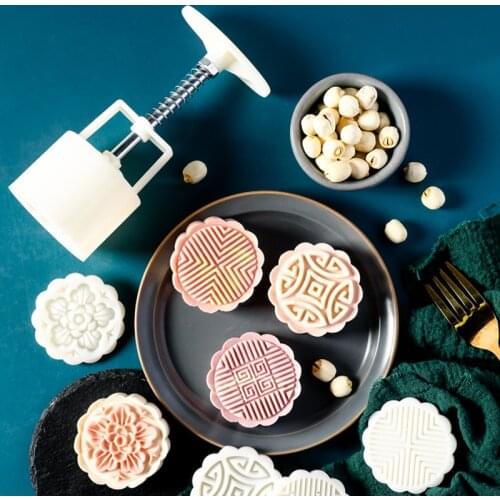 Round/Square Flower Mooncake Mold Set 50g/100g Mid Autumn Festival DIY Hand Pressure Fondant Moon Cake Mould Decoration Tool