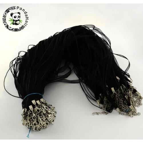 Multi-strand Necklace Cord for Jewelry Making, with 3 Loops Wax Cords, Organza Ribbons, Zinc Alloy Lobster Claw Clasps and Iron