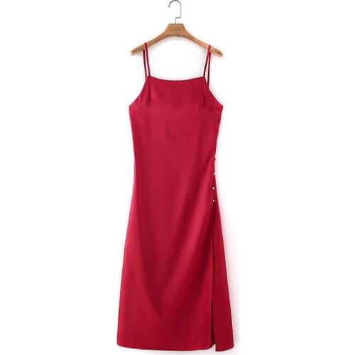 Fashion Silk Dresses Texture Women 2021 Chic Suspender Dresss Vintage Side Zipper Spaghetti Strap Female Dresses