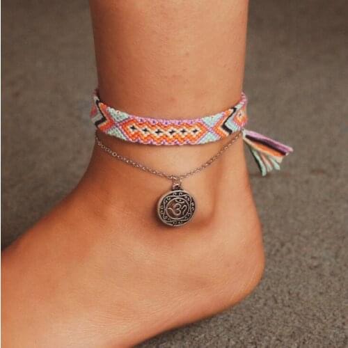 Fashion Vintage Rune Weave Anklets For Women Handmade Cotton Bracelets Anklet Foot Summer Beach Female Jewelry Gifts 2 PCS/Set